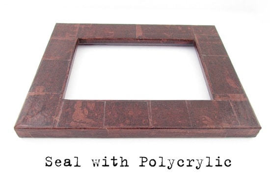 Brown bag faux leather frame sealed in polycrylic