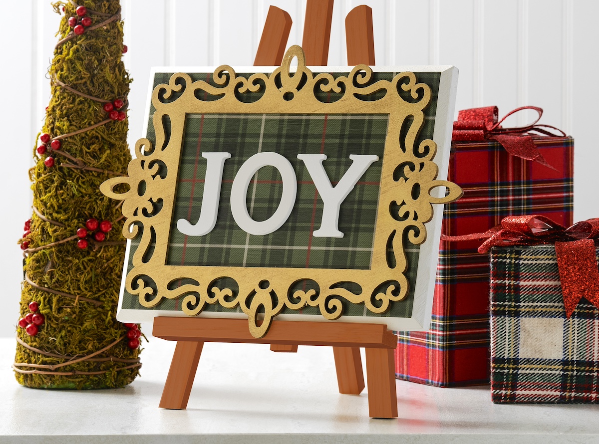 JOY Christmas Plaque with Festive Plaid Flair