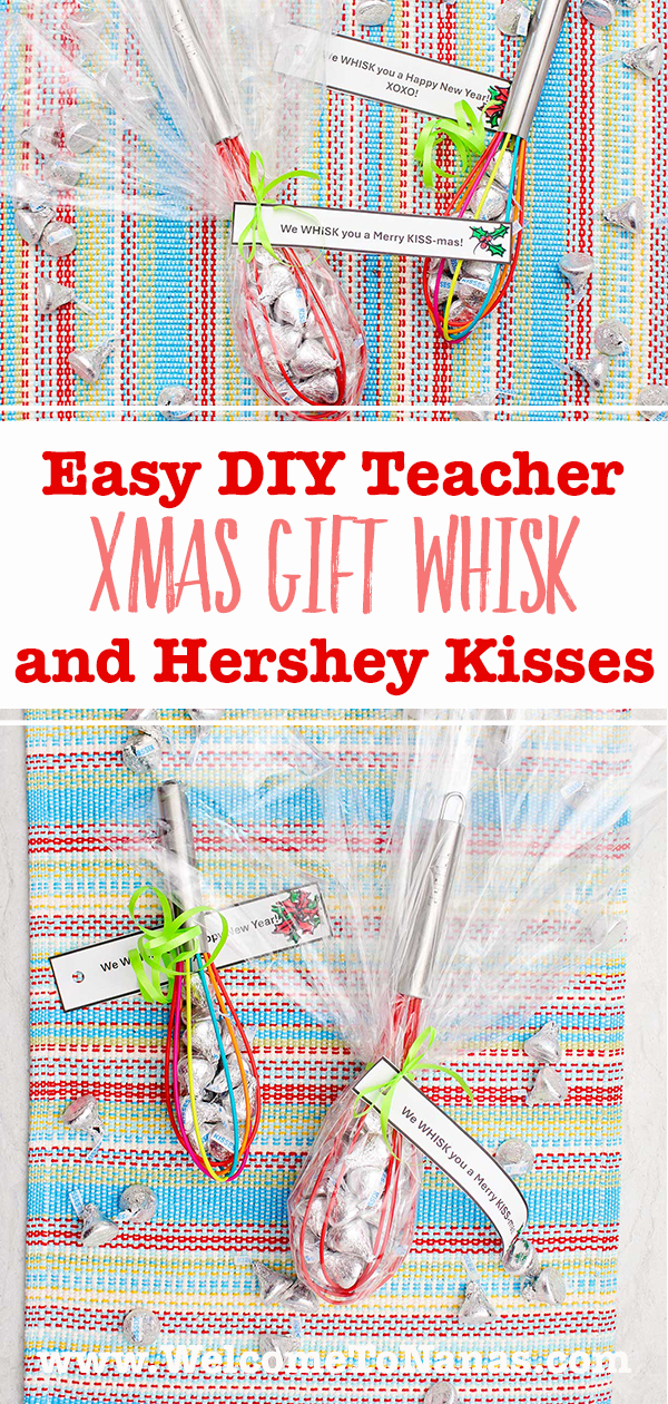 Images of finished colorful whisks full of Hershey Kiss candy and a sweet note.