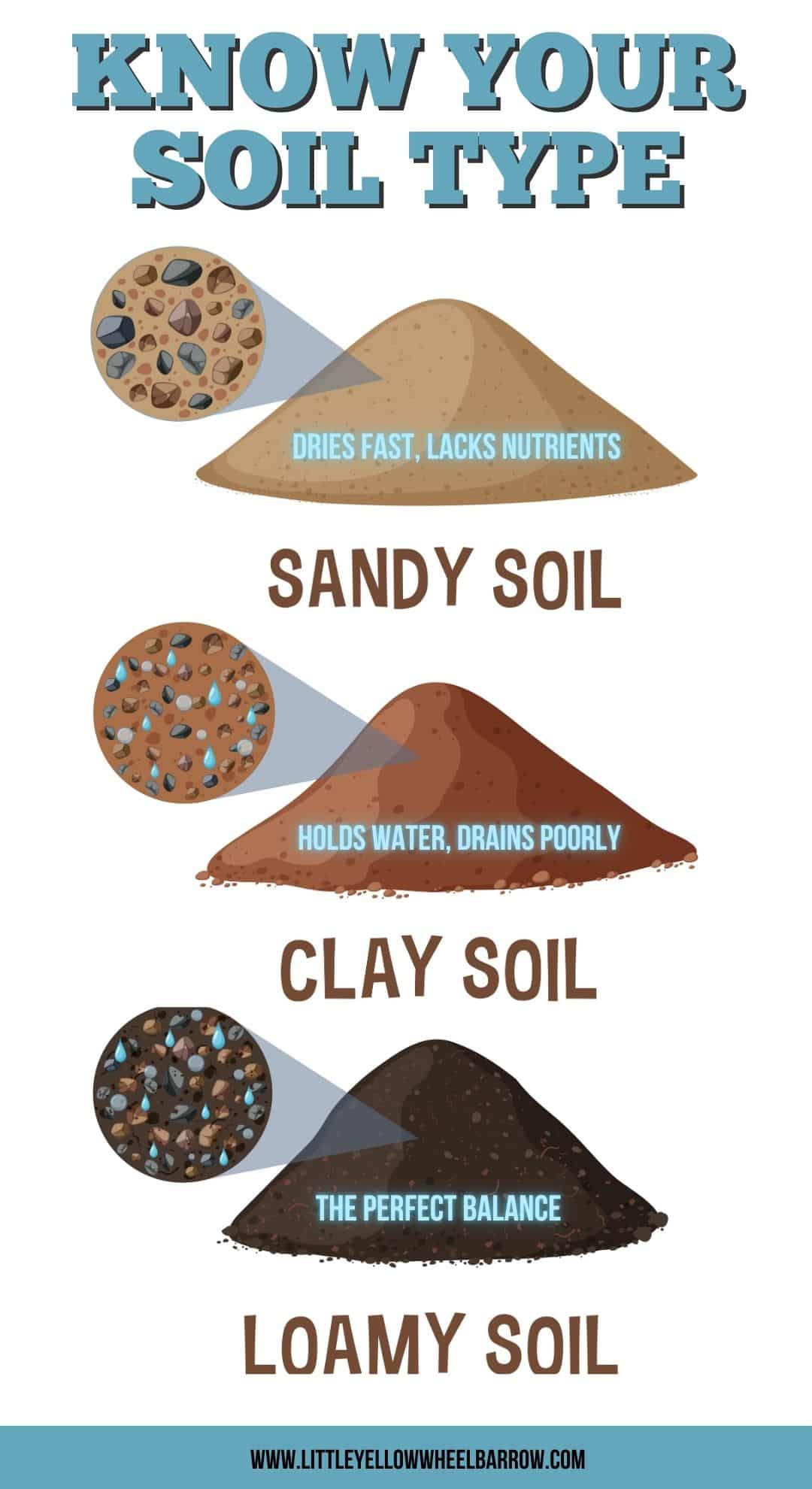 An infographic showing sandy, clay, and loamy soil and their basic properties as listed above.