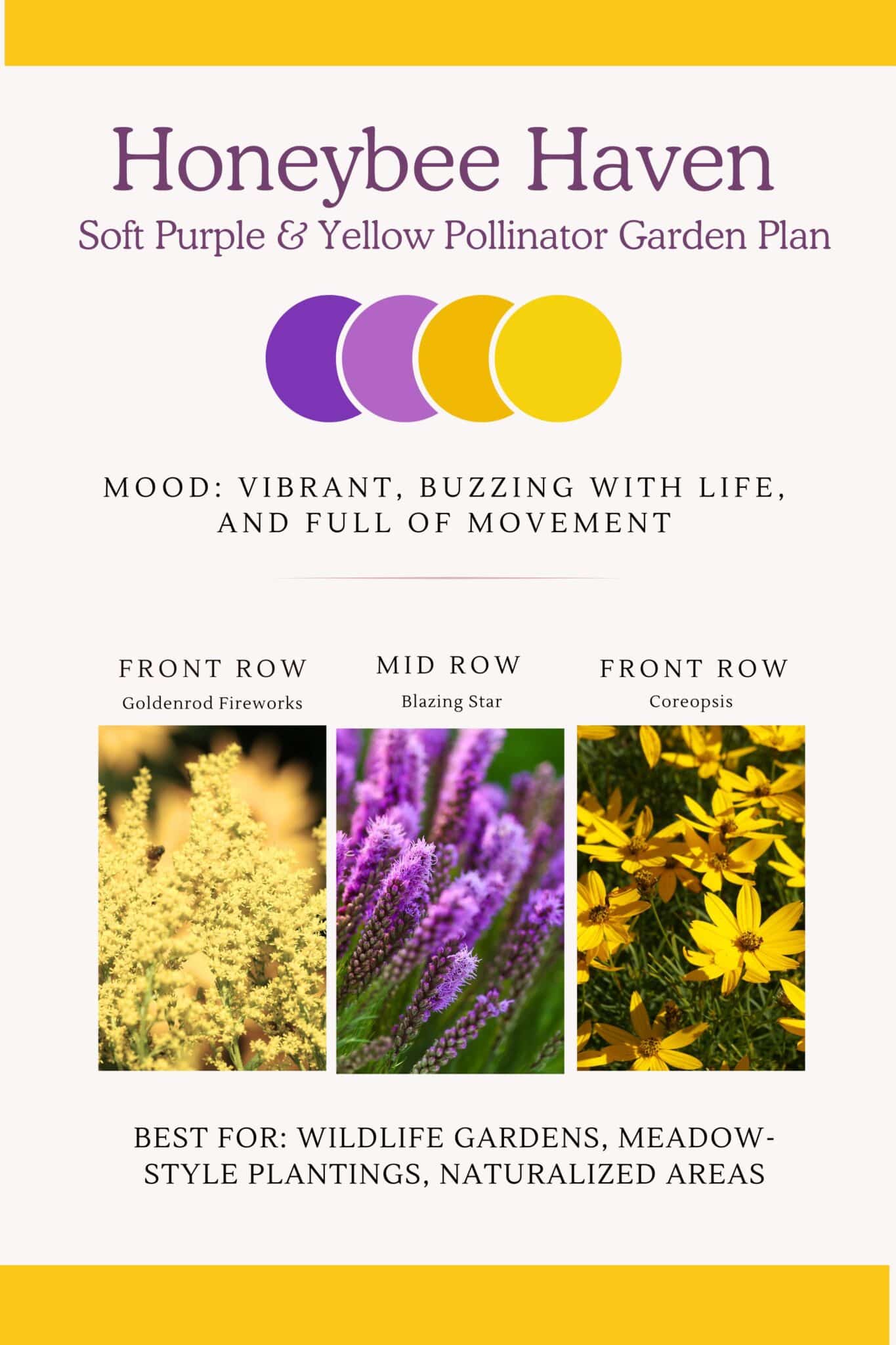 Honey bee haven inspired color pallet for a garden bed that is vibrant and full of movement. 