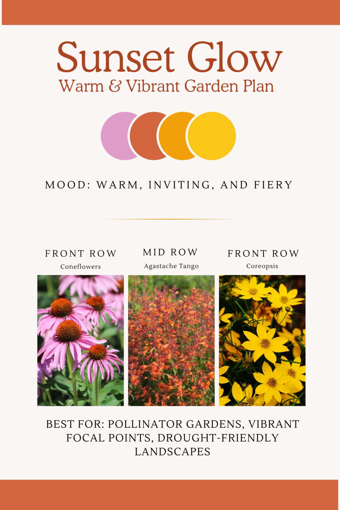Infographic that shows pink, orange and yellow perennial flower bed designs  with a warm & vibrant vibe.  