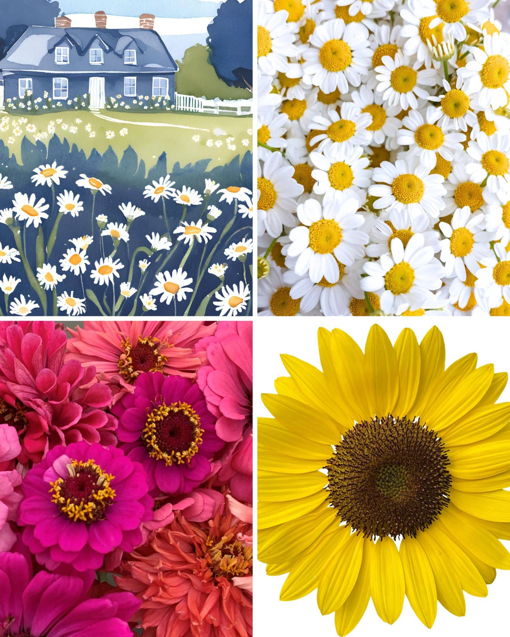 A 4 panel image with a water color painting of a navy blue farmhouse style home with the adjacent panels showing the the best flowers for navy blue houses.