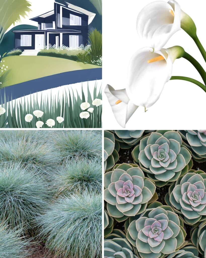 A 4 panel image with a water color painting of a navy blue modern style home with the adjacent panels showing the the best flowers for navy blue houses.