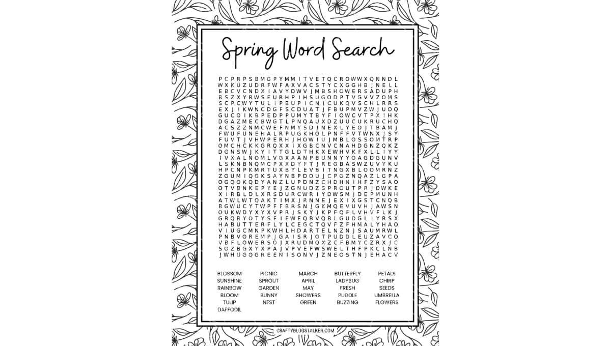 Spring-themed word search puzzle with floral border, featuring words like blossom, rainbow, picnic, bunny, and umbrella in a grid of letters.
