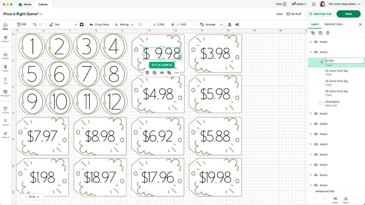 Cricut Design Space screen showing a canvas with numbered circles and price tag shapes while editing dollar amounts for a Price Is Right baby shower game.