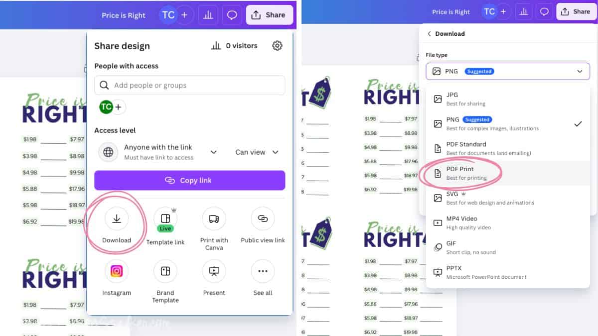 Canva share and download screen showing the download button selected and PDF Print option chosen for saving a printable Price Is Right baby shower game card.