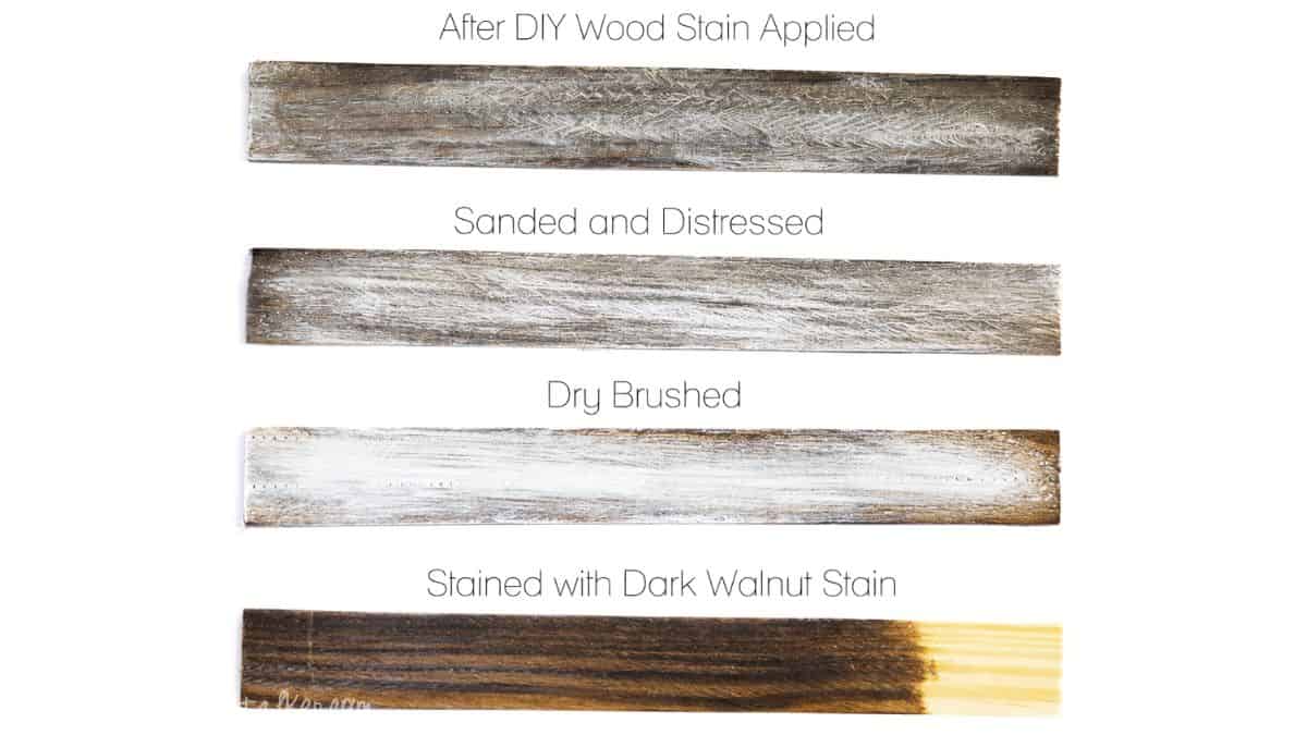 Make new wood look OLD with this tutorial on how to Weather Wood. Click through for instructions Four wood planks showing the step-by-step weathered wood process, including stained, dry brushed, sanded and distressed finishes.