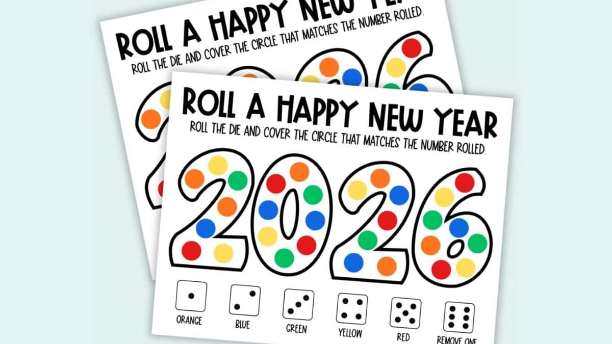 Printable Roll a Happy New Year dice game sheets showing the year 2026 with colorful circles, instructions at the top, and dice color key along the bottom.