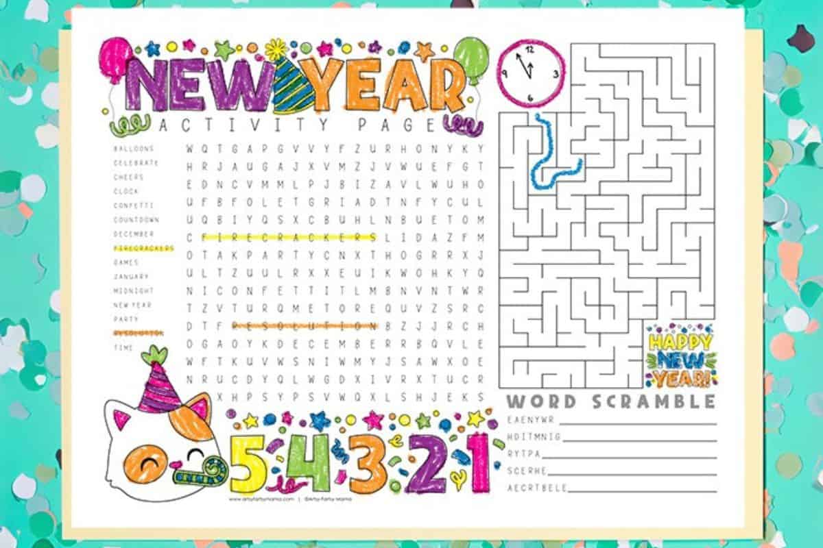 A colorful New Year's activity page featuring a word search, maze, word scramble, and festive illustrations, including a party cat, balloons, and countdown numbers.