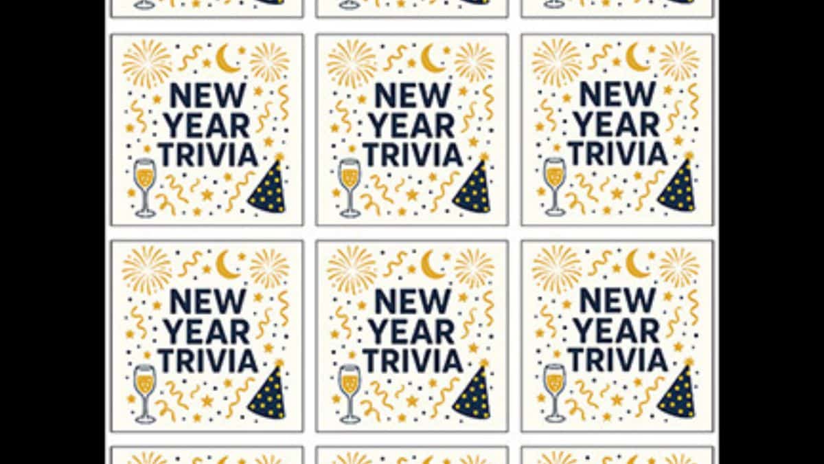 Printable New Year trivia game cards arranged in a grid, featuring festive icons like fireworks, party hats, and champagne glasses for a holiday party activity