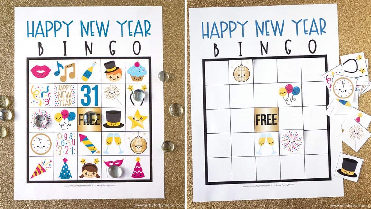 Printable Happy New Year bingo cards with festive icons, game markers, and matching calling cards displayed on a sparkling background.
