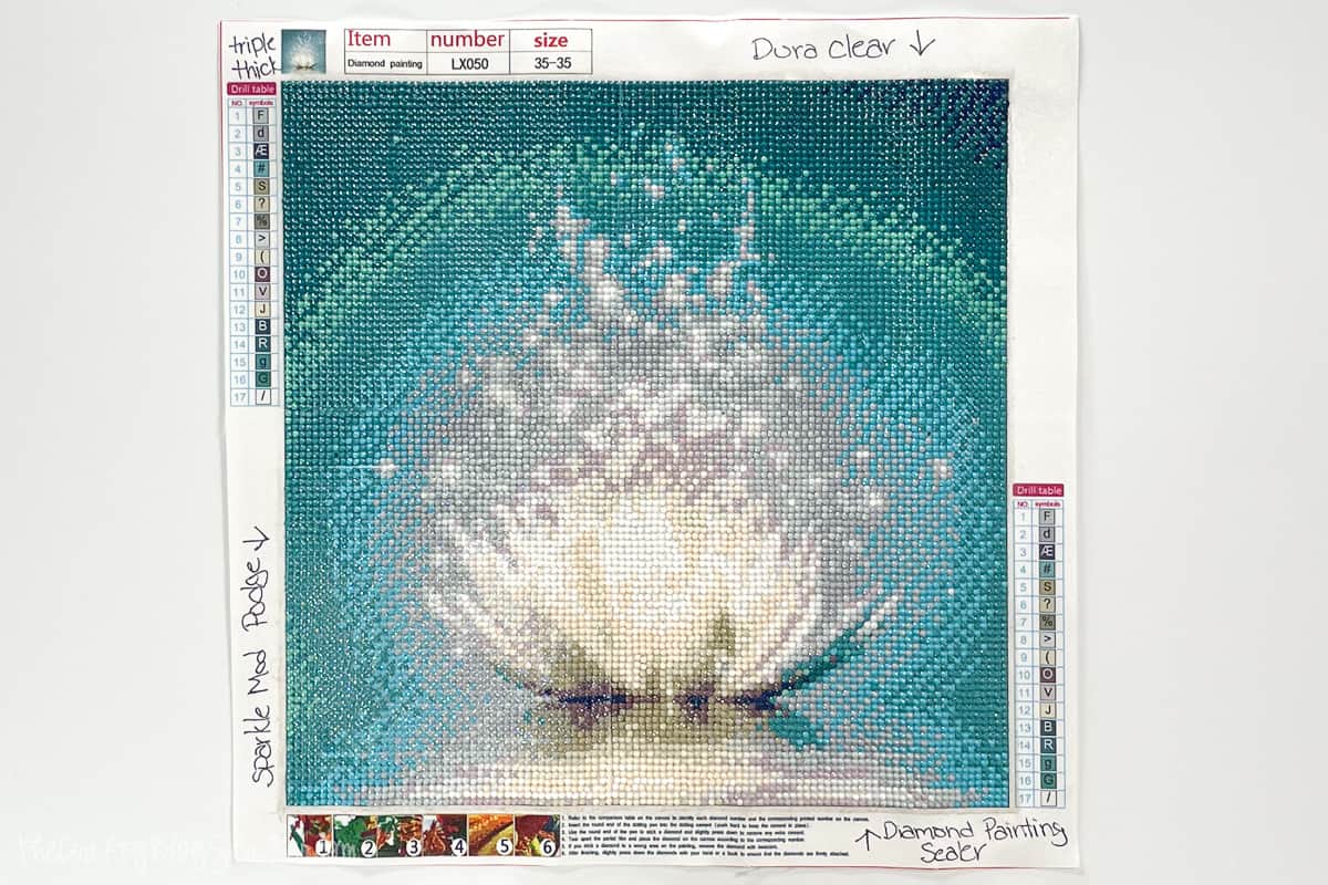 A piece of diamond art sealed with 4 different sealants.