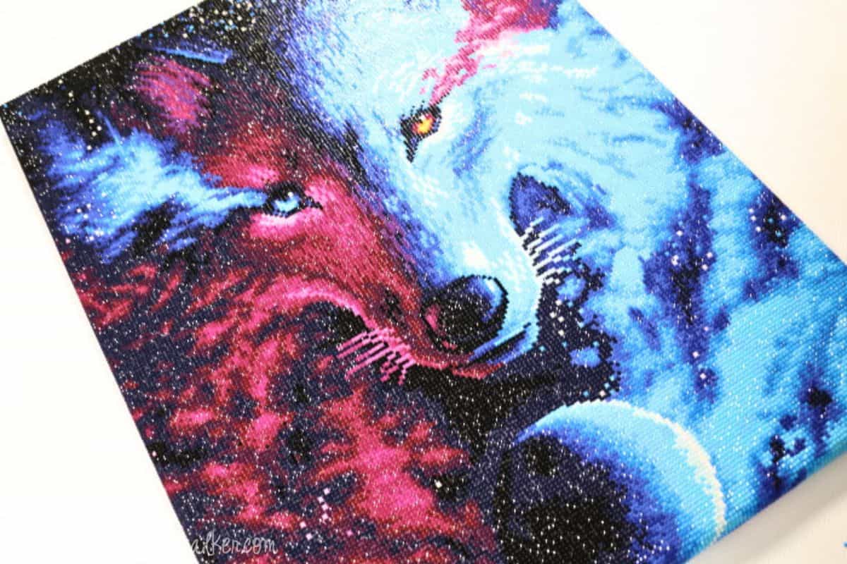 Finished diamond painting wrapped on a blank canvas.