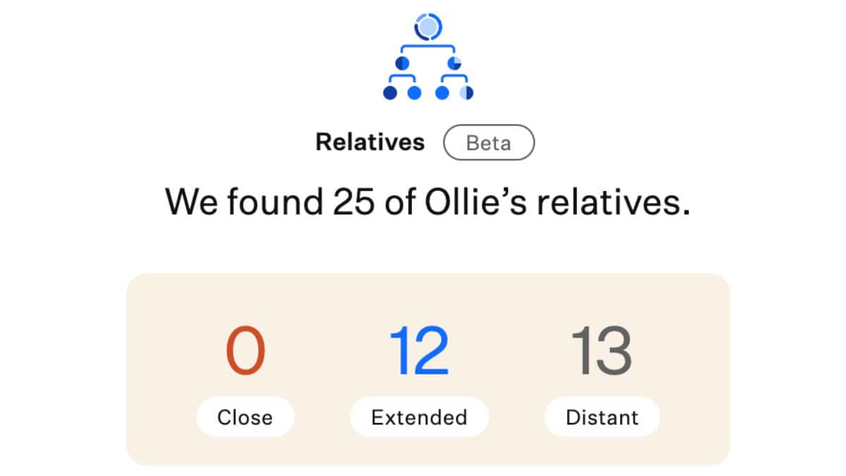 Dog DNA relatives results screen showing 25 identified relatives, grouped into close, extended, and distant relationship categories.