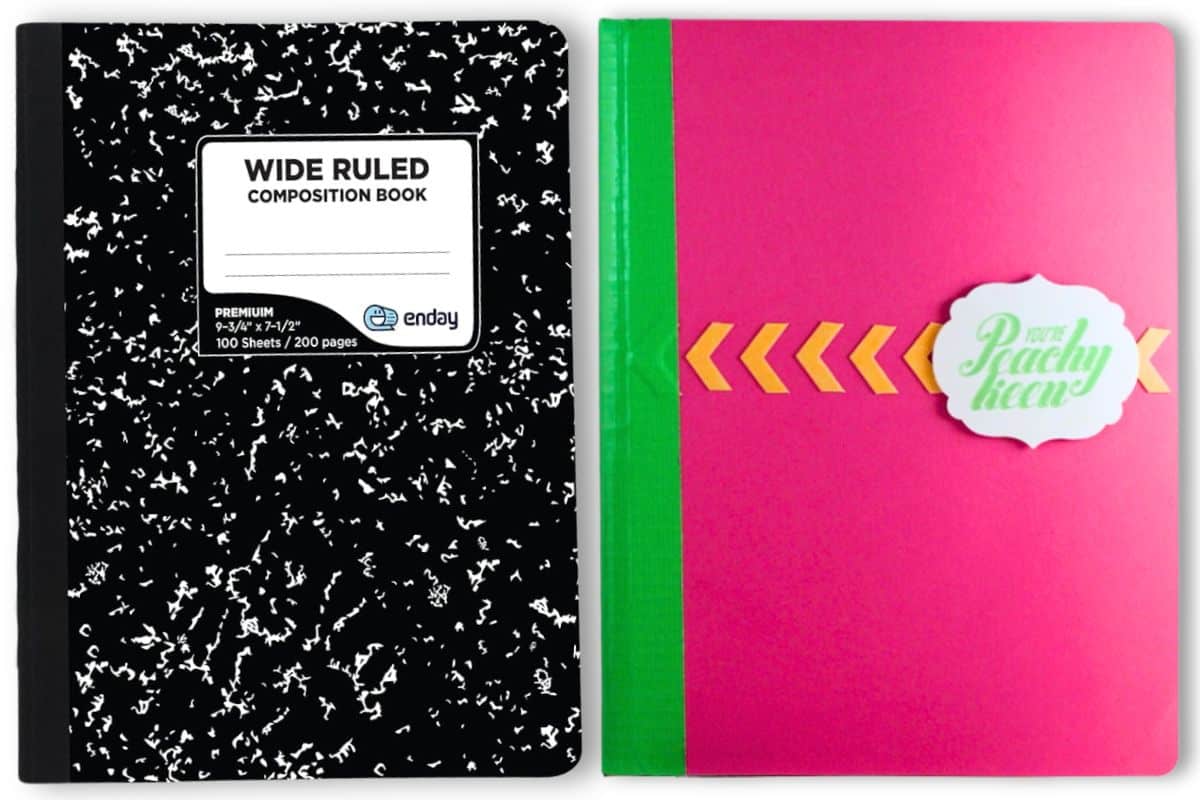 A composition notebook next to another notebook that has been covered with cardstock and decorated.