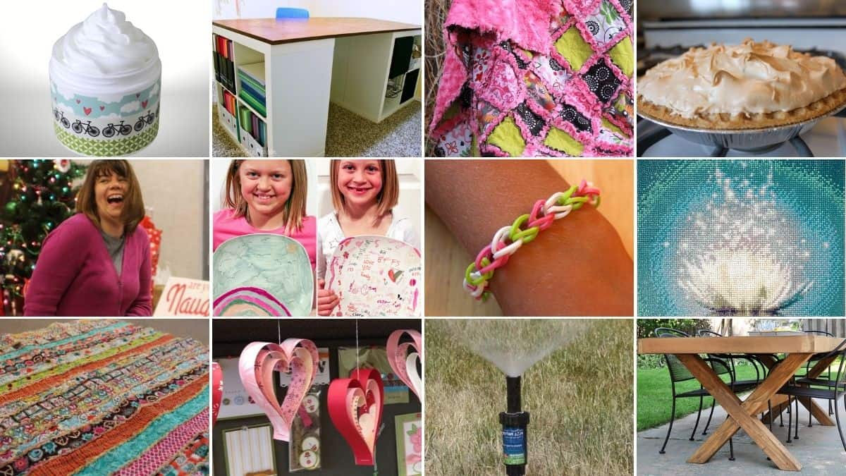 Collage of popular DIY projects including crafts, sewing, home decor, kids activities, desserts, jewelry, and outdoor builds shown as a grid of tutorial images.