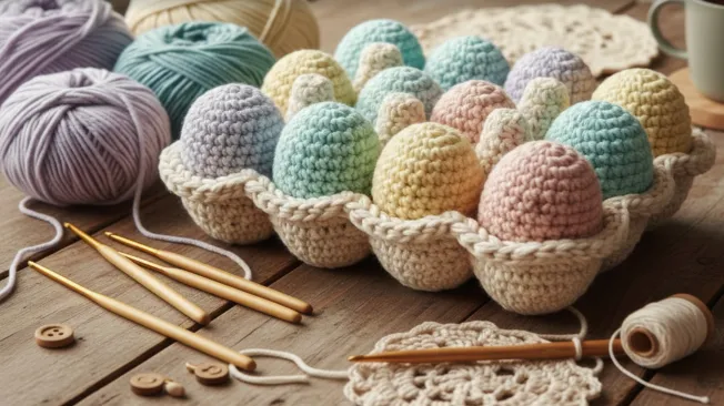 A crocheted egg carton with eggs.