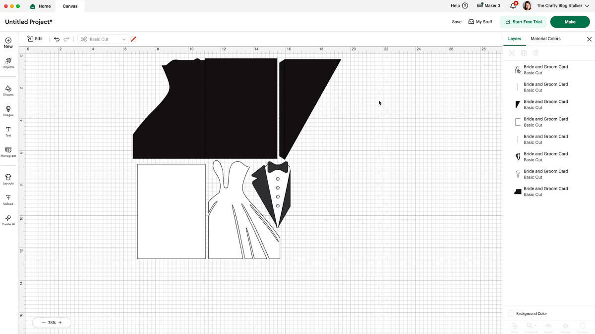 Cricut Design Space canvas showing layered cut pieces for a bride and groom wedding card, including dress, tuxedo, and card base shapes.