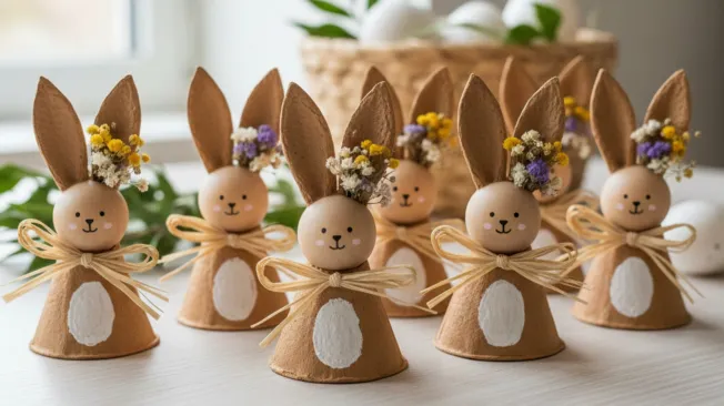 Easter bunnies made of egg cartons with raffia bows and cardboard ears