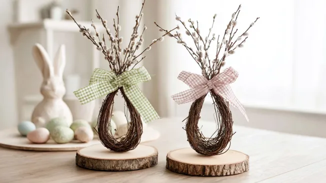 Branches in the shape of Easter eggs, decorated with a bow, standing on a wooden disc.