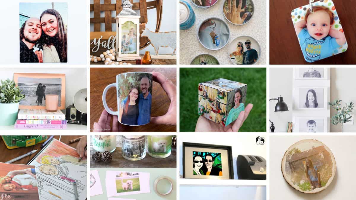 Collage of DIY photo gift ideas including photo puzzles, lanterns, ornaments, mugs, keychains, framed photos, candles, cubes, drawings, and personalized home decor.