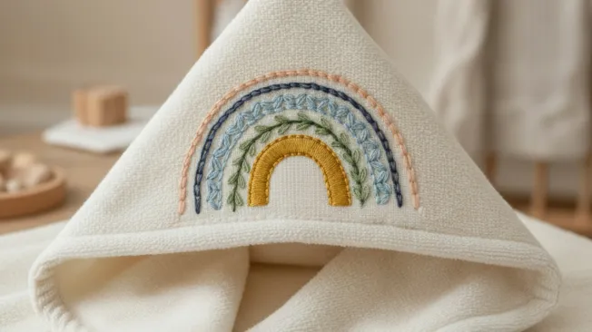 Embroider a baby towel: An embroidered rainbow motif on the hood of a baby towel