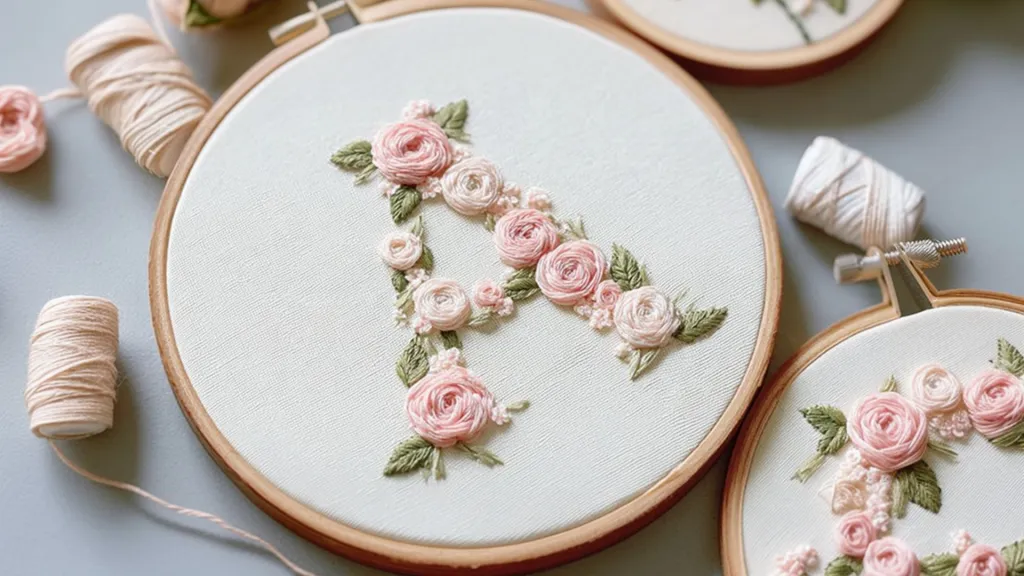 Embroidering floral letters, embroidery frame with letter A surrounded by spools of thread