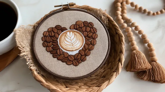 Latte art embroidery, embroidery frame with linen, embroidered beans with coffee cup and latte art embroidery