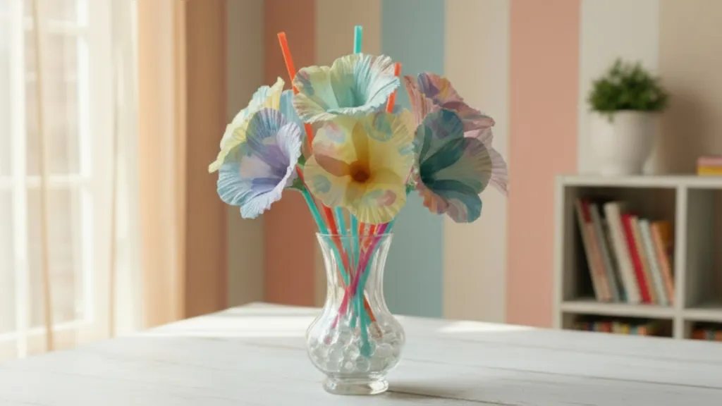 A bouquet of flowers made from coffee filters stands in a transparent vase on a table