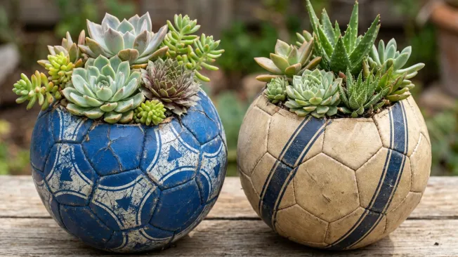 two flower pots made from old footballs