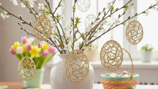 Golden eggs made from hot glue hang on an Easter bush