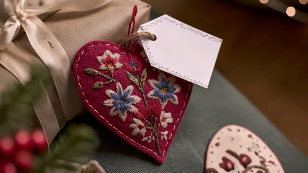 a heart-shaped felt gift tag