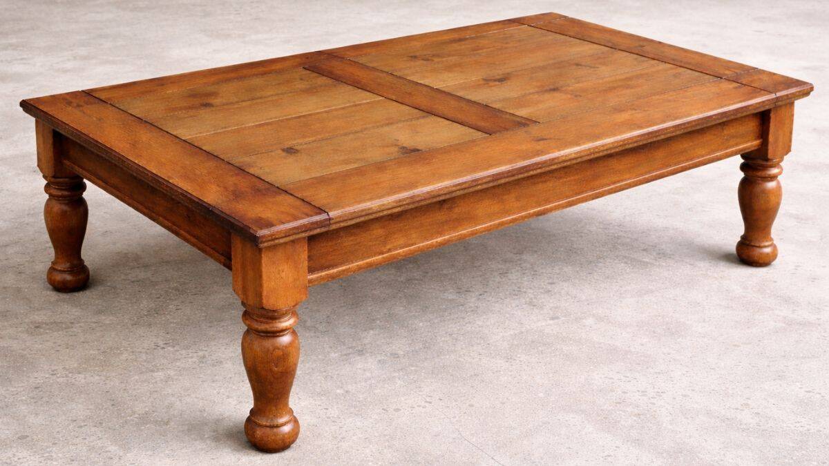 Rectangular wooden coffee table with a paneled plank-style top and turned legs, shown in its original unfinished or worn condition before refinishing.