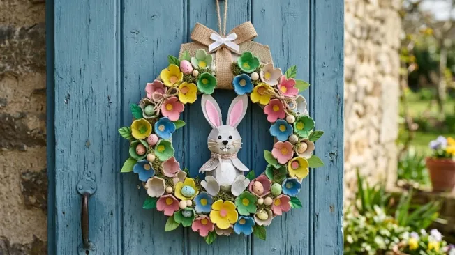 Easter bunny wreath made from egg carton
