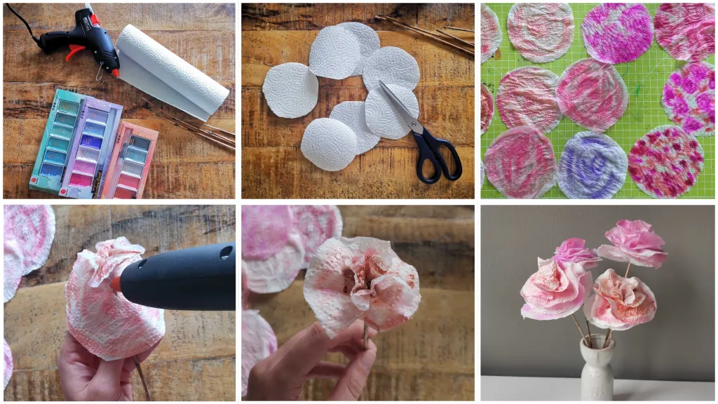 Illustrated step-by-step instructions for making paper roses from kitchen paper