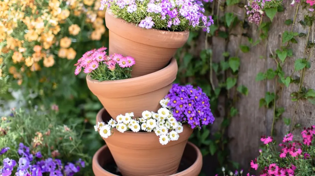 A homemade flowerpot tower planted with flowers stands on a balcony.