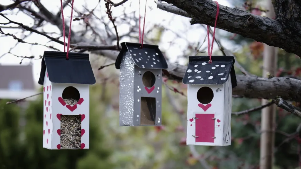 three birdhouses made from old milk cartons