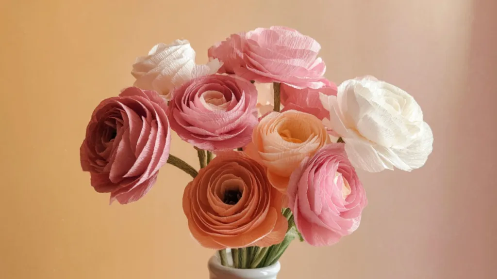 Paper ranunculus flowers stand decoratively in a vase