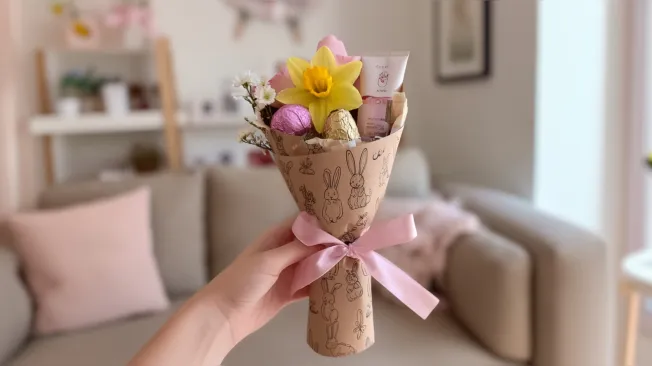 Packing Easter presents as a bouquet, with a pink bow and daffodils, are held by a hand, against a living room background