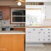Side-by-side kitchen before and after makeover showing old wood cabinets on the left and bright white cabinets with butcher block counters on the right.